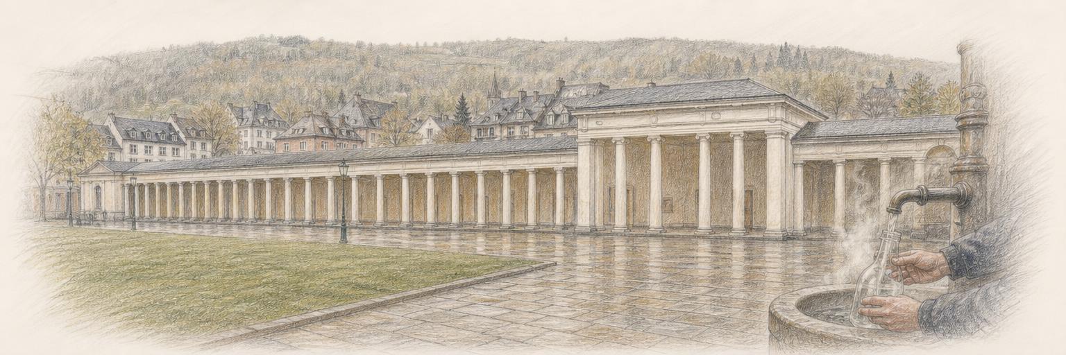 Die lange Kolonnade des Elisenbrunnens mit dem dampfenden Schwefelbrunnen, aus dem Wasser in eine Glasflasche gefüllt wird, davor der offene Platz und dahinter die Dächer der Altstadt.