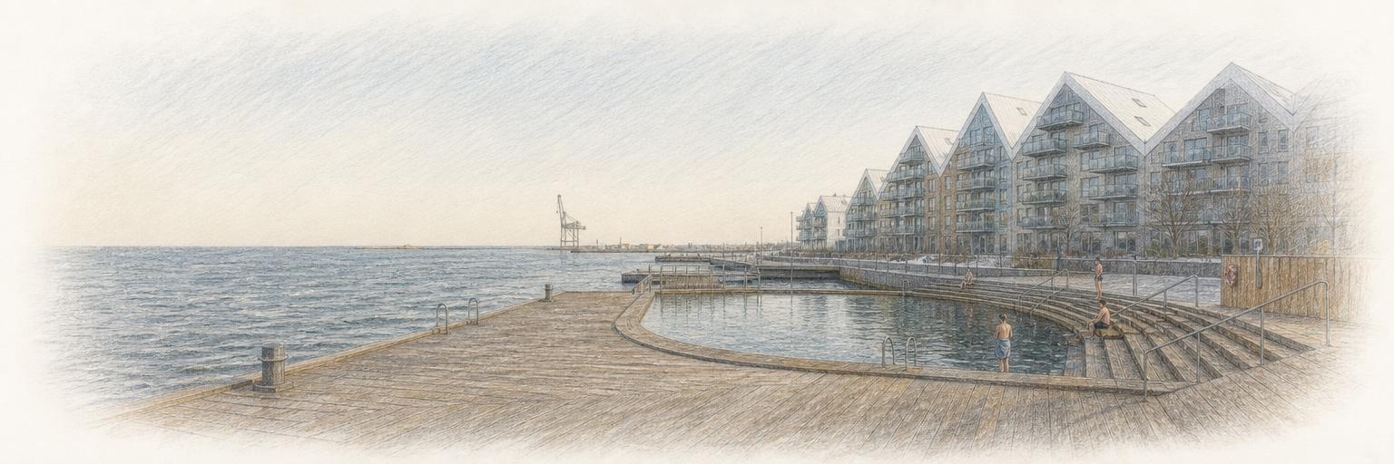 A wide view of the harbour bath at Aarhus Ø, its timber decks and round diving pool beside the open Kattegat, with the white stepped rooflines of the waterfront apartments to the right.