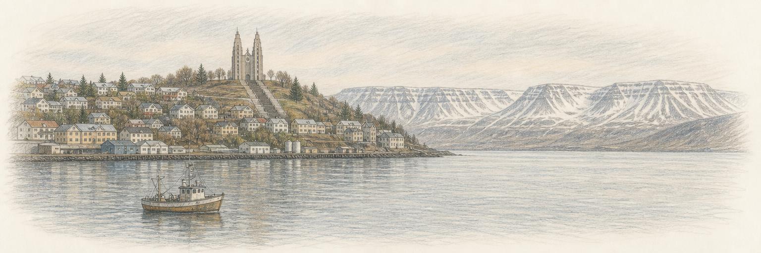 A colored-pencil sketch of Akureyri climbing from its fjord harbour, Akureyrarkirkja's stepped towers above the town and snow-streaked mountains across Eyjafjörður.