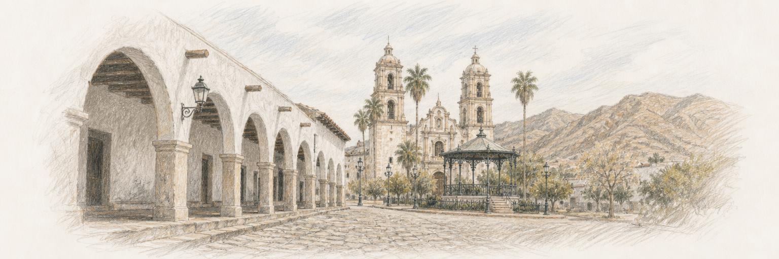 Los portales de arcos de Álamos junto a la Plaza de Armas, con las torres de la parroquia de la Purísima Concepción y los cerros de la Sierra al fondo.