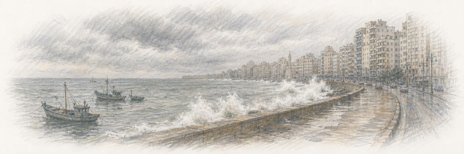 A colored-pencil sketch of the Corniche curving around Alexandria's Eastern Harbour, with winter waves breaking over the seawall below the apartment blocks.