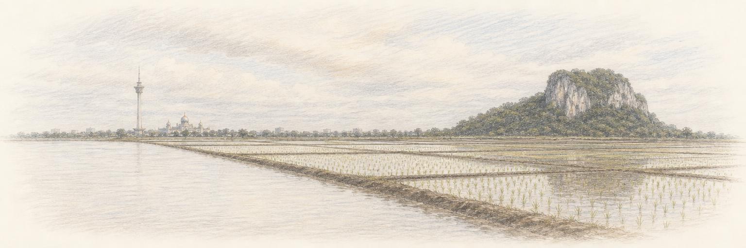Flooded paddy fields on the flat plain at Alor Setar, with the limestone hill of Gunung Keriang on one side and the distant Alor Setar tower and the domes of Masjid Zahir on the other.