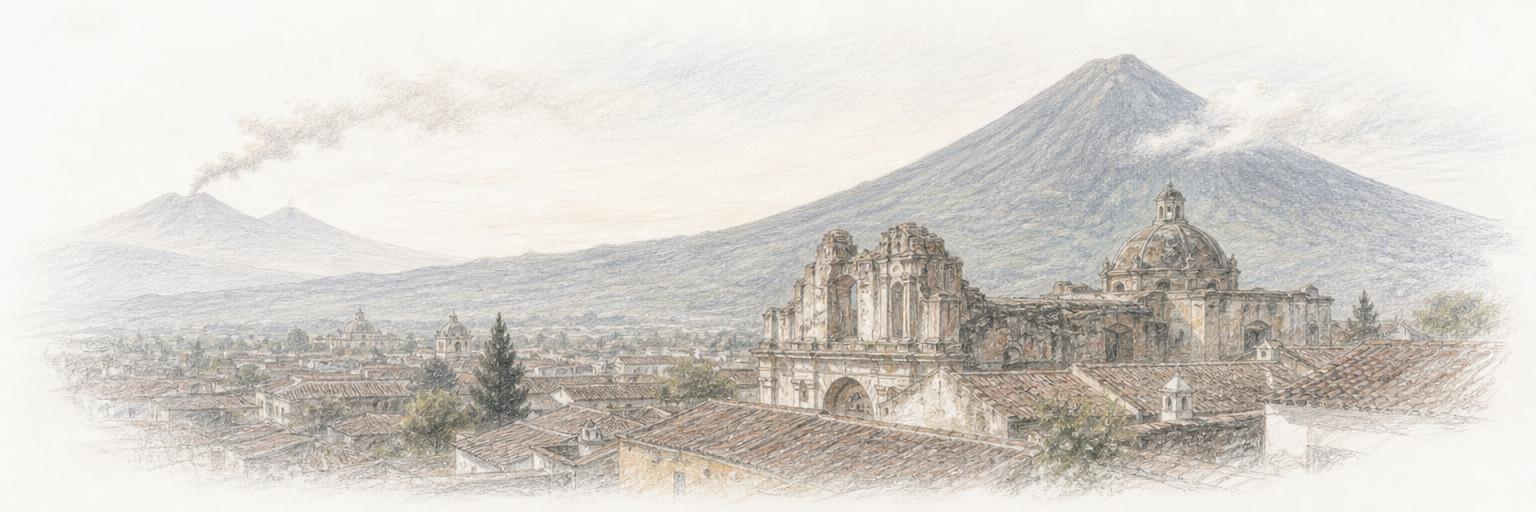 Los tejados de La Antigua Guatemala en el valle de Panchoy, con las ruinas de una iglesia colonial entre ellos, el Volcán de Agua a la derecha y el Fuego con su pluma de ceniza a lo lejos.