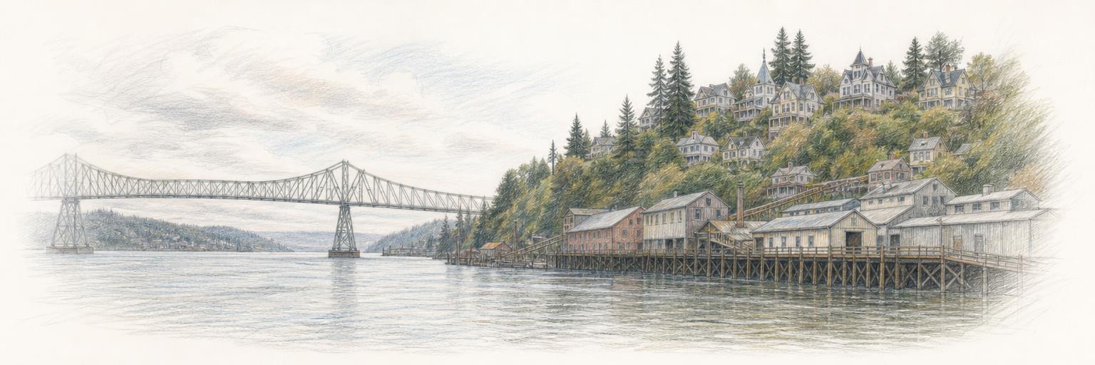 Astoria's Victorian houses climbing the hillside above the wide Columbia River, with cannery buildings on pilings and the long bridge crossing to the far shore.