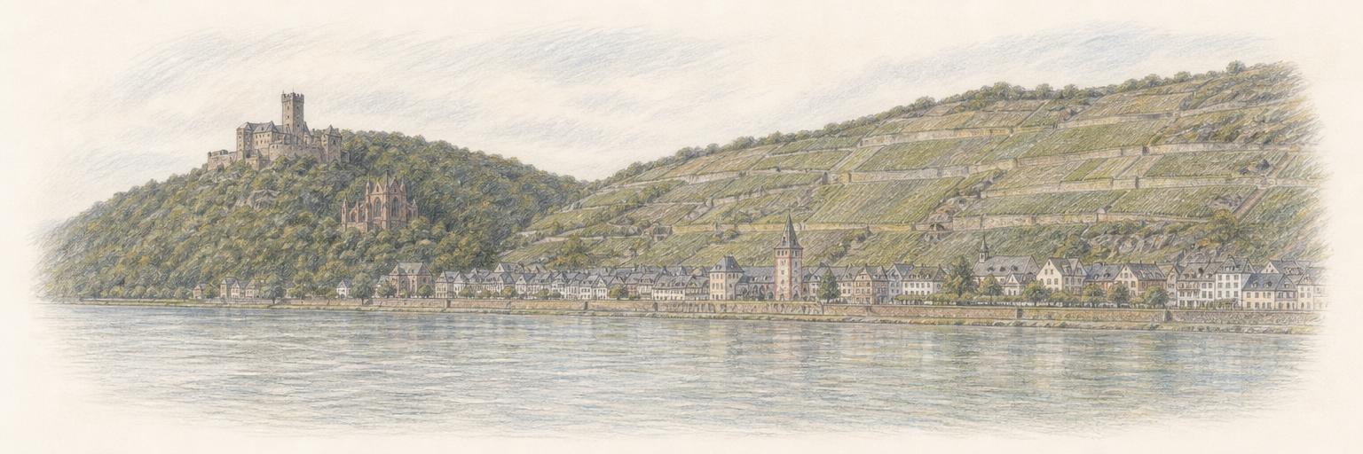 Bacharach vom gegenüberliegenden Rheinufer aus gesehen: Burg Stahleck über der ummauerten Altstadt, die Ruine der Wernerkapelle am Hang und die steilen Riesling-Terrassen, davor der ruhige Rhein.