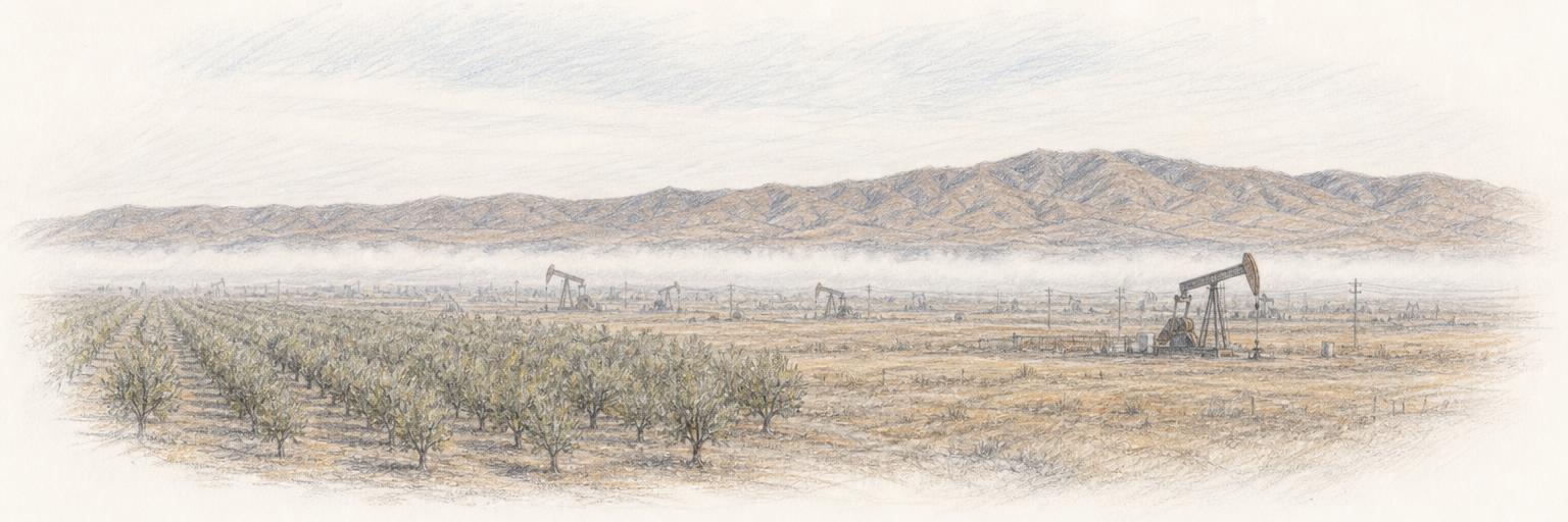 Oil pumpjacks standing among orchard fields on the flat valley floor near Bakersfield, with low tule fog and dry foothills on the horizon.