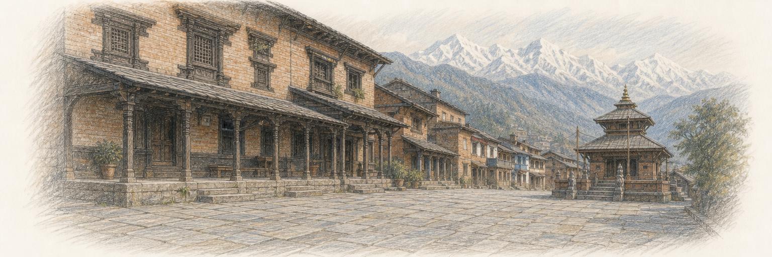 Bandipur's slate-paved bazaar of brick Newar houses with carved wooden windows stretches along its ridge, with the Bindhyabasini Temple at one end and the Annapurna and Manaslu peaks on the horizon.