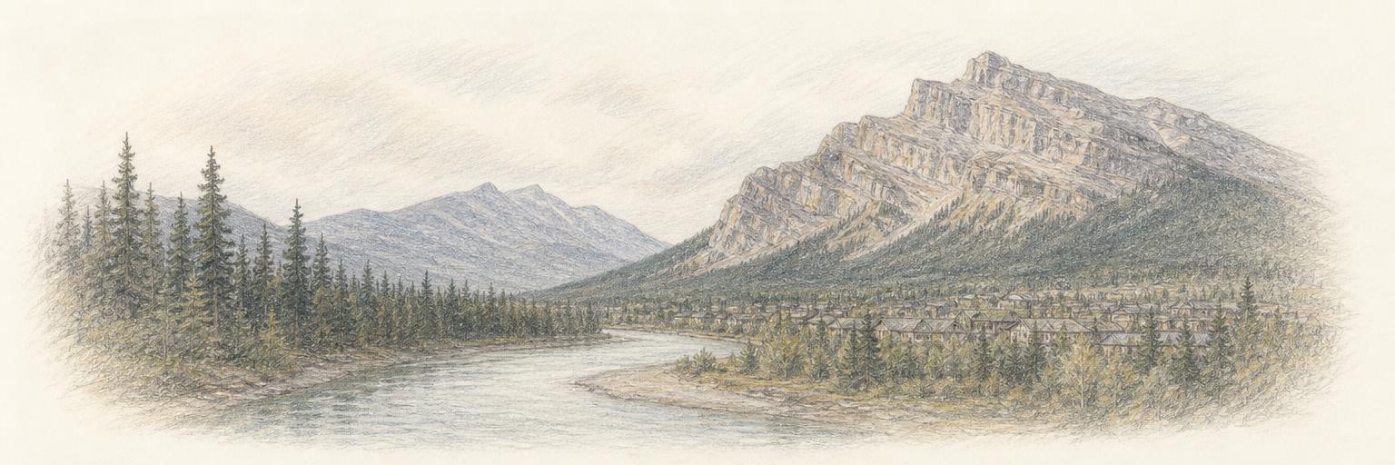 The Bow River bending past Banff townsite, with Cascade Mountain rising behind.