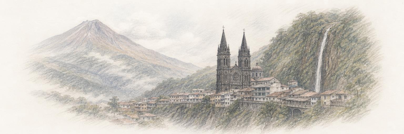 Las torres de piedra volcánica de la Basílica de Agua Santa sobre los tejados de Baños en el cañón del Pastaza, con la cascada Cabellera de la Virgen cayendo por la ladera y el cono del volcán Tungurahua al fondo.