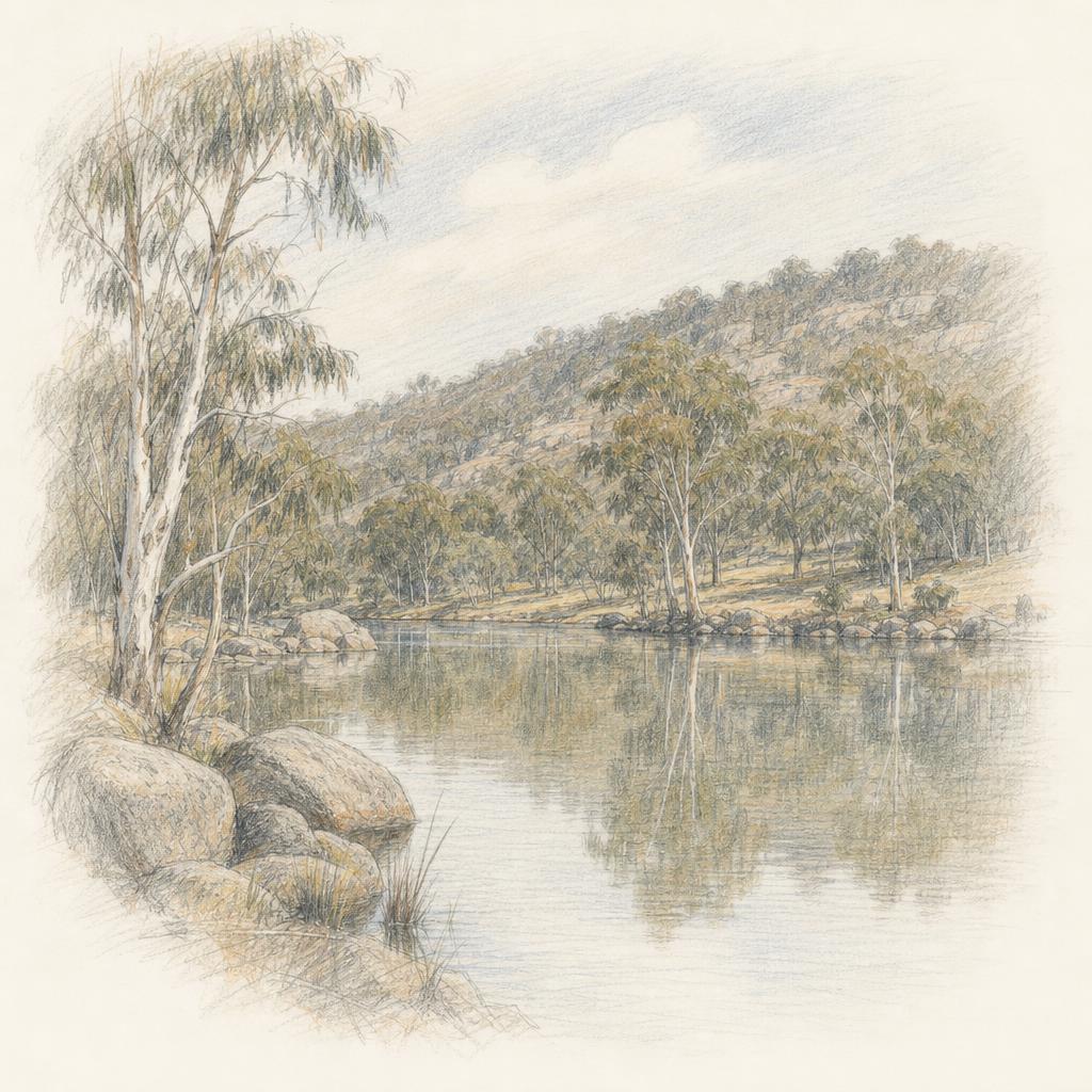 Colored-pencil sketch of Lake Sambell in Beechworth, with granite boulders and gum trees reflected in the water.