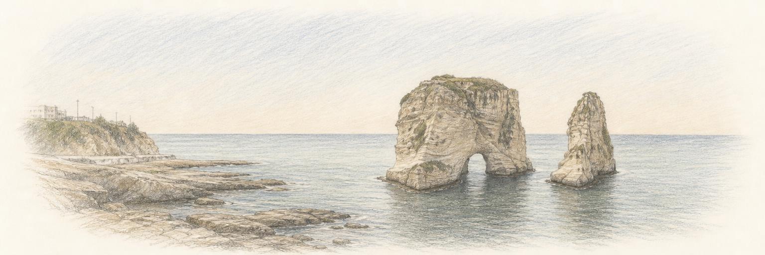 The two Pigeon Rocks sea stacks rising from the Mediterranean off Beirut's Corniche promenade.