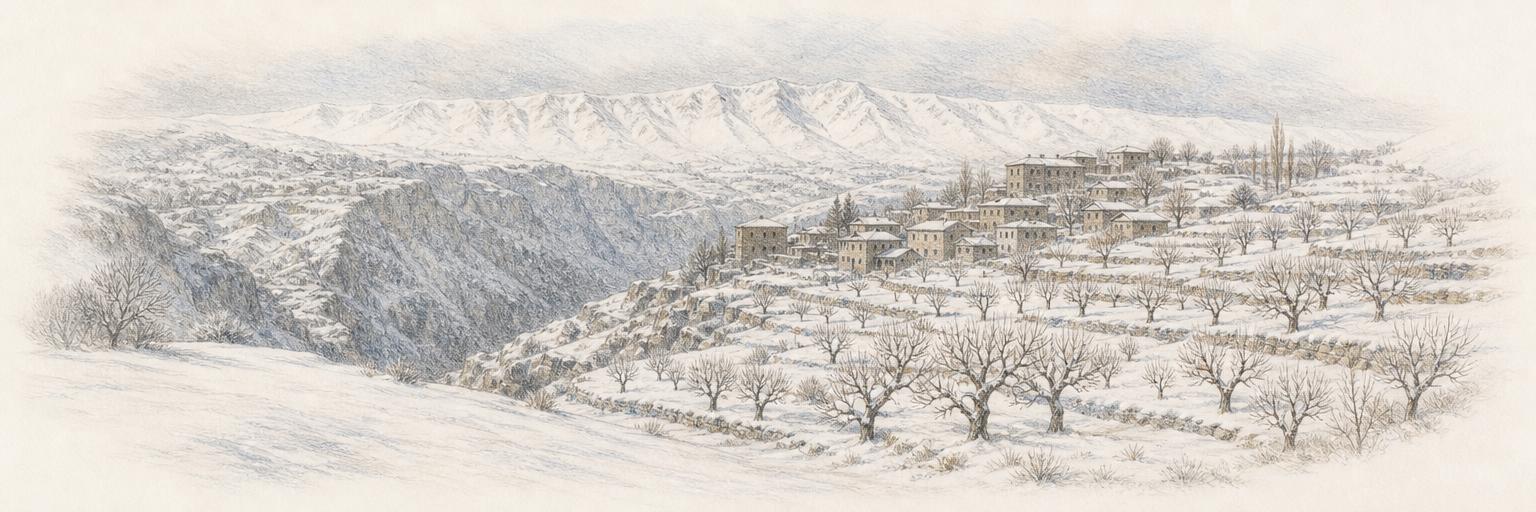 Snow-covered terraced orchards and stone houses of Bekaa Kafra above the Qadisha Valley, with a high snowy ridge beyond.