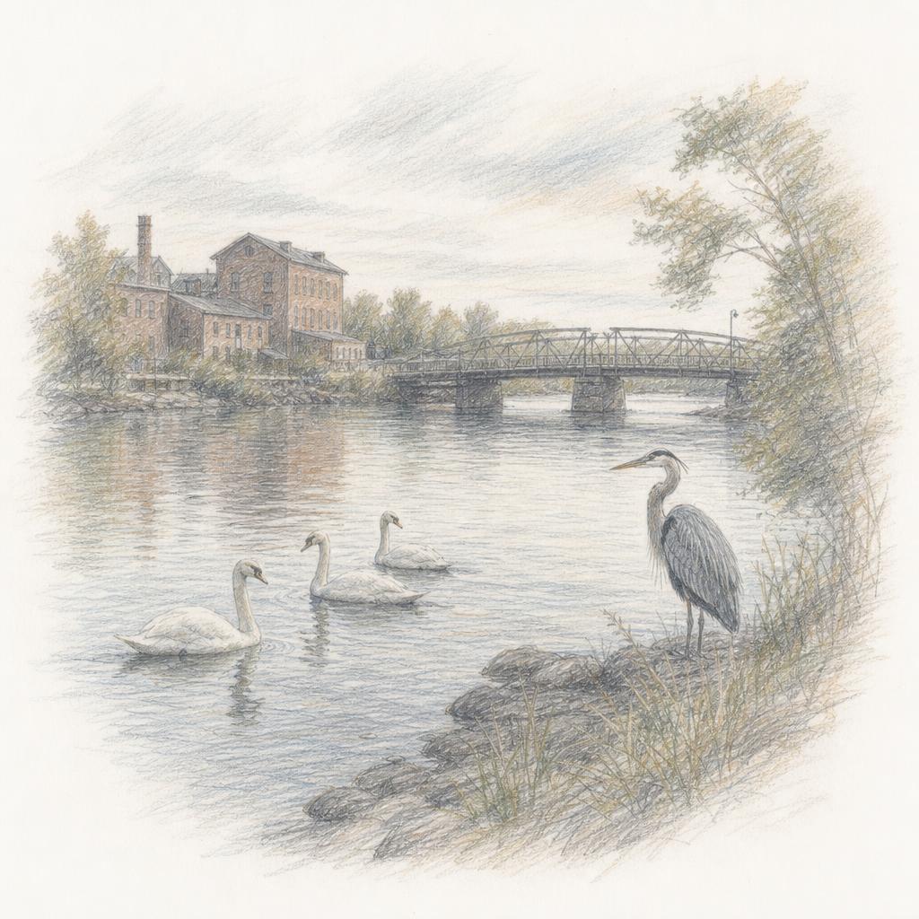 Swans and a heron on the Bay of Quinte at the mouth of the Moira River, seen from Belleville's Riverfront Trail.