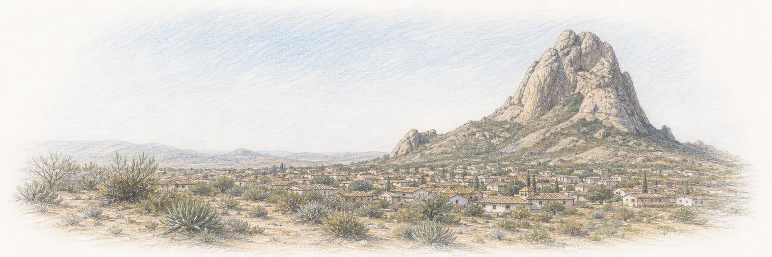 La Peña de Bernal alzándose sobre los tejados bajos del pueblo y el matorral del semidesierto.