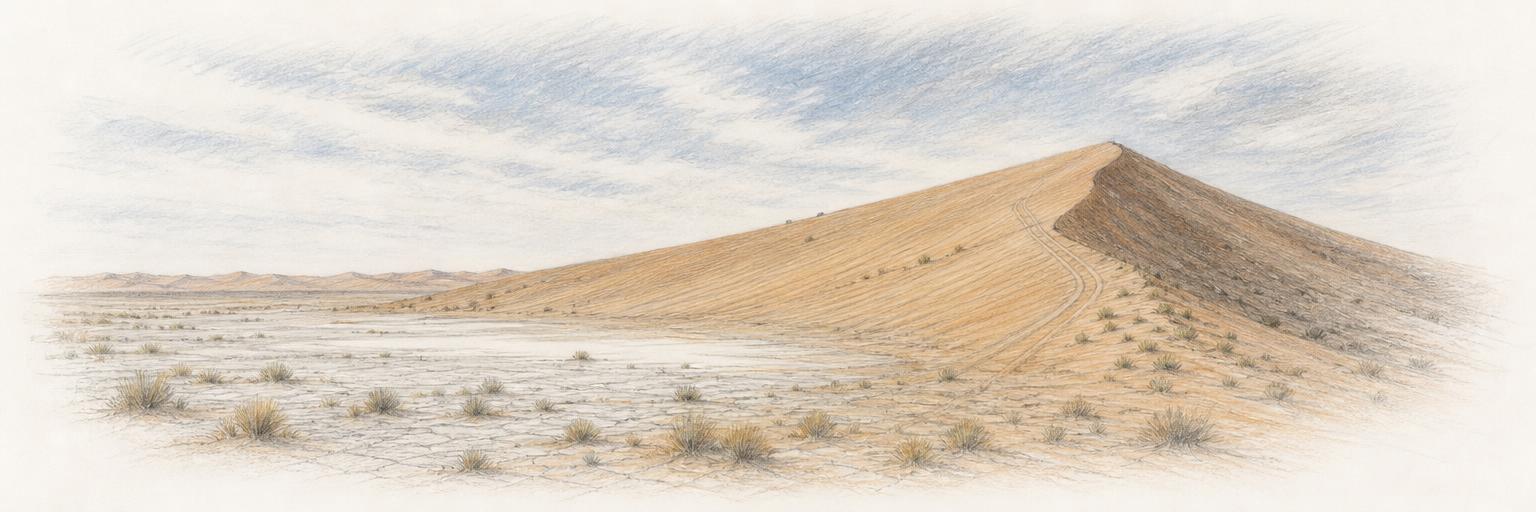 The Big Red sand dune on the eastern edge of the Simpson Desert west of Birdsville, with wheel tracks climbing its rippled face above a flat claypan.