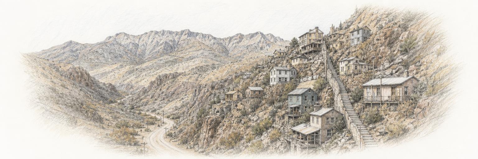 Old miners' houses stacked up the walls of Tombstone Canyon in Bisbee, joined by a long public staircase, with the Mule Mountains ridge in the distance.