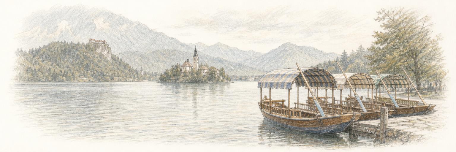 Pletna boats moored at the Mlino jetty on Lake Bled, with the island church and castle rock in the distance.