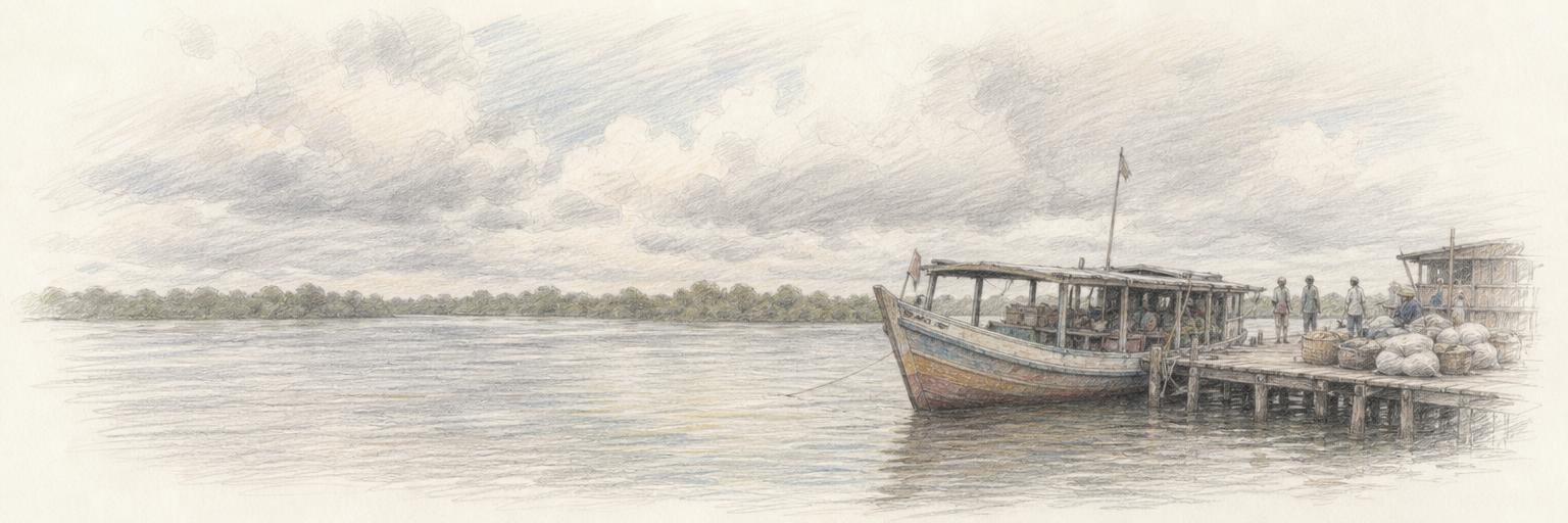 A wooden pam-pam passenger boat waiting on the tide at Bonthe's wharf on the Sherbro estuary, with mangroves along the far shore under a wide wet-season sky.