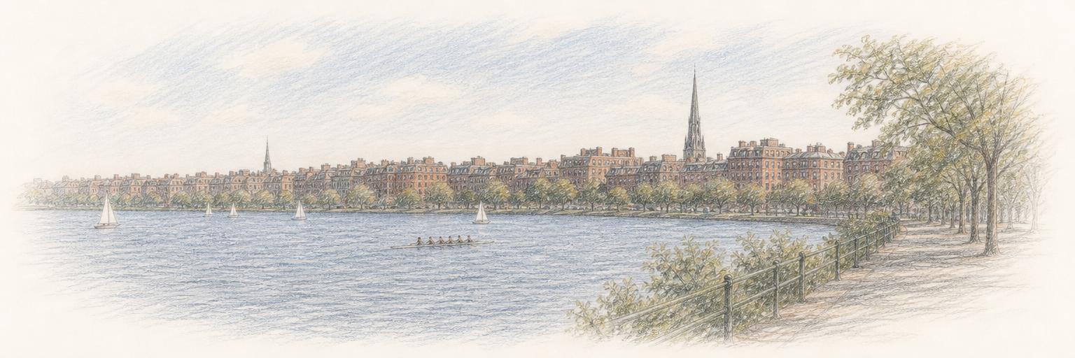 Small sailboats and a rowing shell on the Charles River, with the brownstone rooftops of Boston's Back Bay along the far bank.