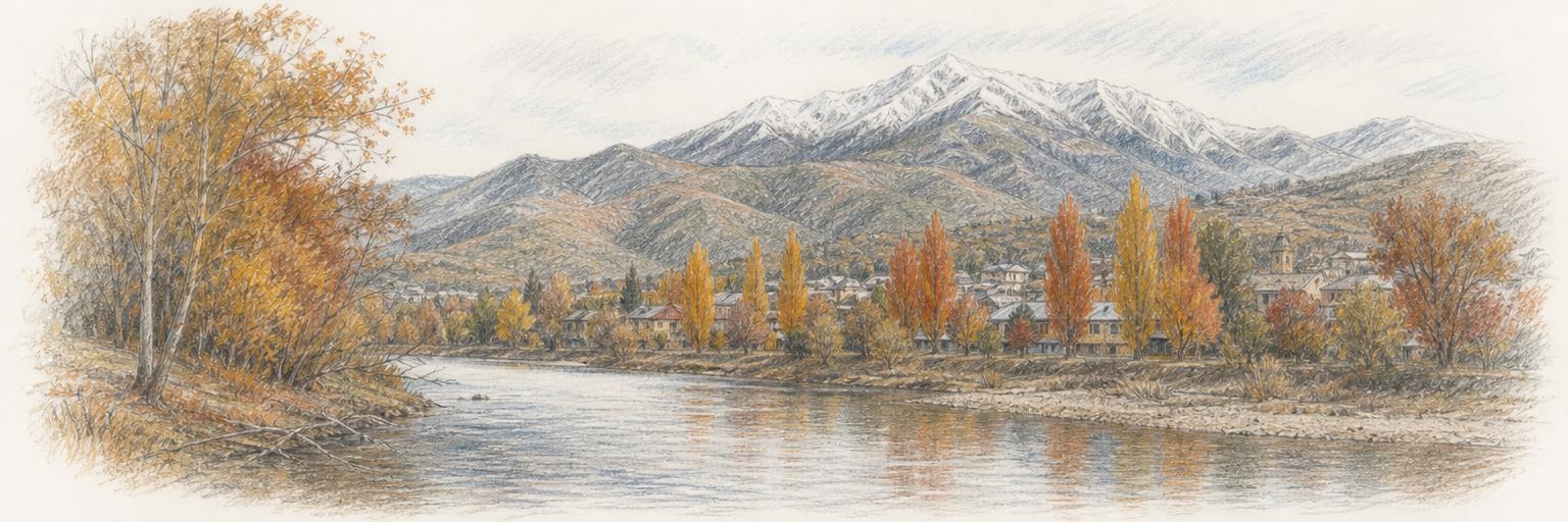 A sketch of Bright in autumn, with the Ovens River and gold and red trees in front, the town's autumn avenues, and the snow-dusted ridge of Mount Feathertop beyond.