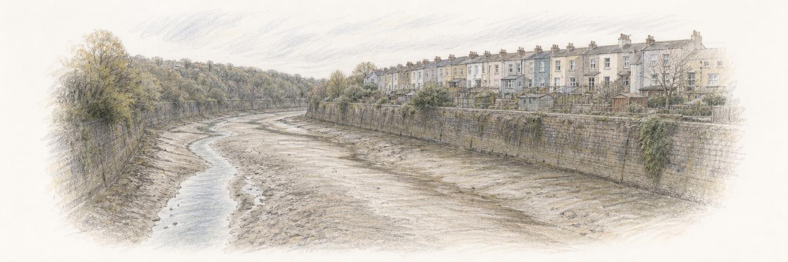 The New Cut at low tide, wide mud banks and a thin channel of water between stone embankments, with the backs of Southville houses along the right.