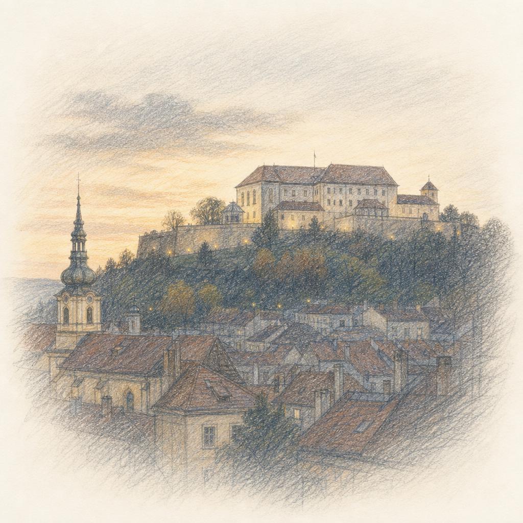 A colored-pencil sketch of Špilberk Castle on its hill above Brno's rooftops at dusk.