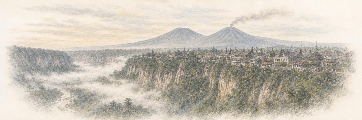 Sketsa Ngarai Sianok di tepi barat Bukittinggi: kabut pagi menutupi dasar ngarai, tebing berhutan yang curam, atap gonjong rumah Minangkabau di tepi kota, dan puncak Singgalang serta Marapi di kejauhan dengan asap tipis dari Marapi.