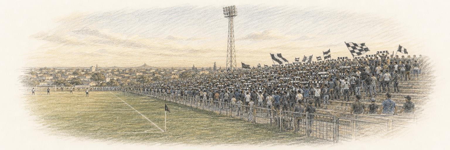 The packed Soweto End terrace at Barbourfields Stadium, black-and-white Highlanders flags above the crowd, seen across the corner of the pitch.