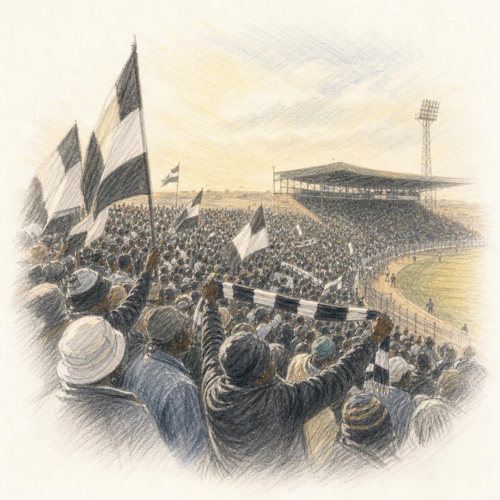 The Soweto End stand at Barbourfields Stadium, full of Highlanders supporters in black and white.