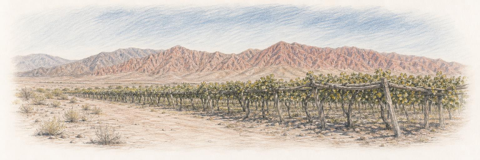 Hileras de viñedos de Torrontés en parral atraviesan el valle de altura, con los cerros rojizos de los Valles Calchaquíes al fondo, cerca de Cafayate.