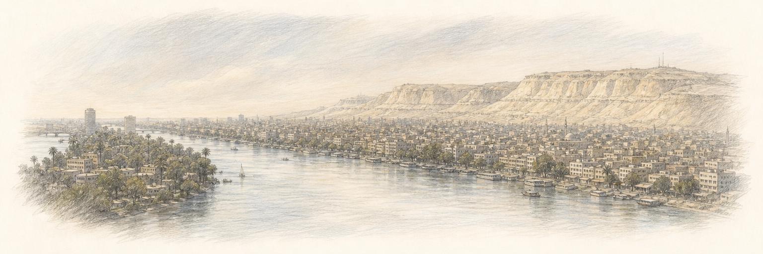 A colored-pencil sketch of the Nile at the wooded tip of Zamalek island, with Cairo's rooftops spreading east toward the Mokattam escarpment.