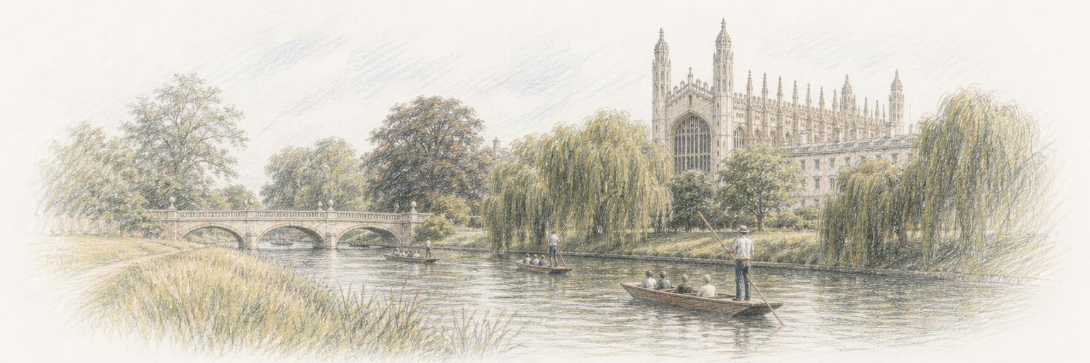 A sketch of wooden punts on the River Cam along the Backs, with a low college bridge, willow trees, and the pinnacled towers of King's College Chapel behind.