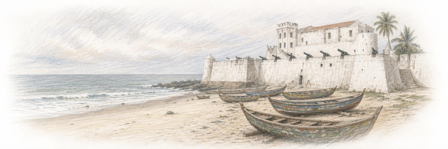 Wooden fishing canoes hauled up on the beach below the whitewashed walls and cannons of Cape Coast Castle, with the Gulf of Guinea behind.