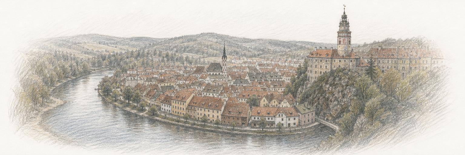 The Vltava river curls around Český Krumlov's old town, with the castle tower rising above the red rooftops.