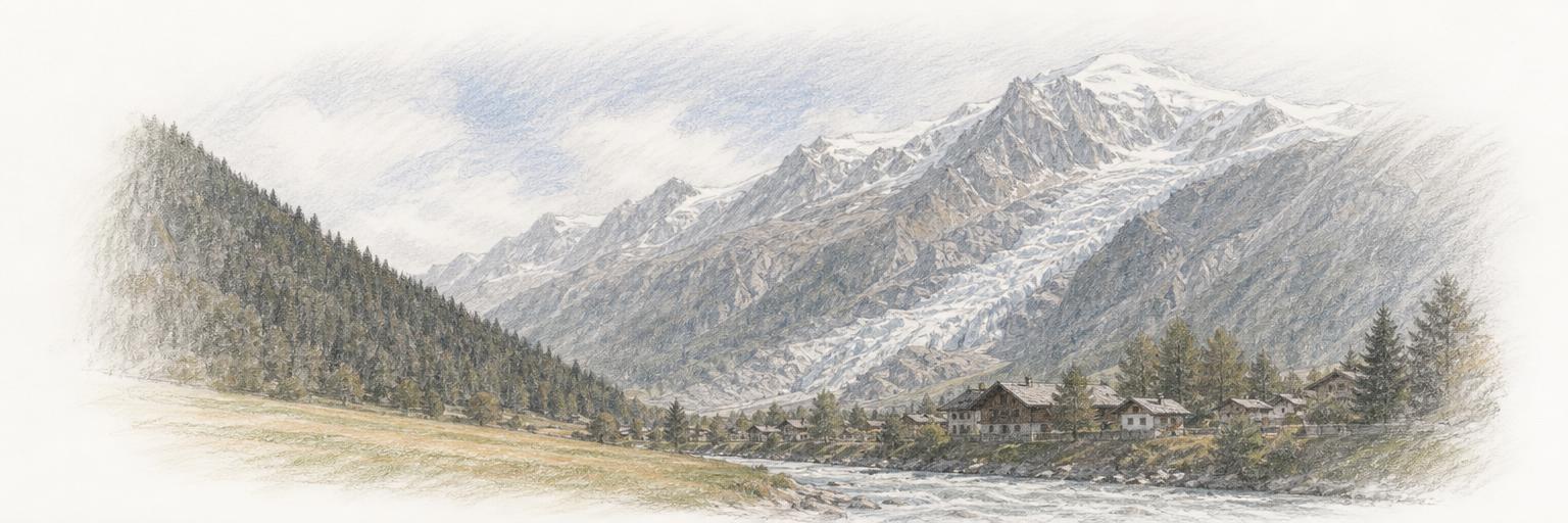 Le glacier des Bossons descendant du dôme du Mont-Blanc vers les toits du hameau des Bossons et l'Arve, au fond de la vallée de Chamonix.