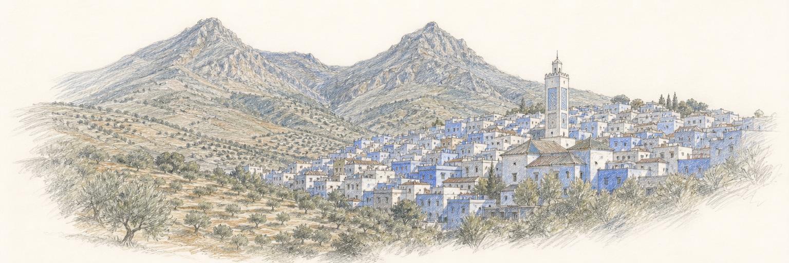 Chefchaouen's blue-washed medina on the mountainside beneath the twin peaks of Jebel el-Kelaa and Jebel Meggou, with olive terraces in the foreground.