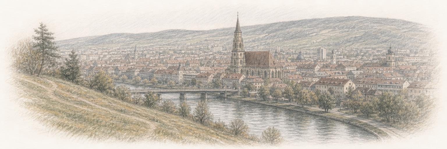 A view over Cluj-Napoca from Cetatuia hill: the Somes river, the old-town rooftops, and the Gothic tower of St. Michael's Church, with the hills beyond.