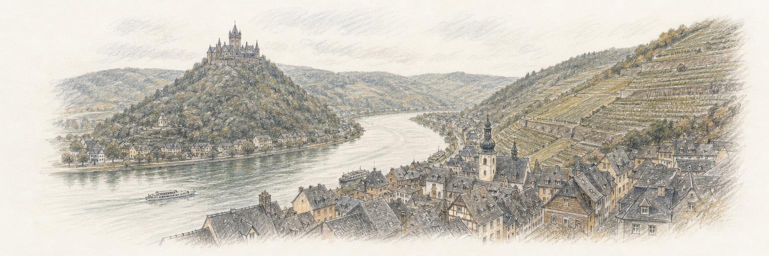 Colored-pencil sketch of the Reichsburg castle above Cochem's tight Mosel river bend, with vineyard terraces climbing the slate hillside.