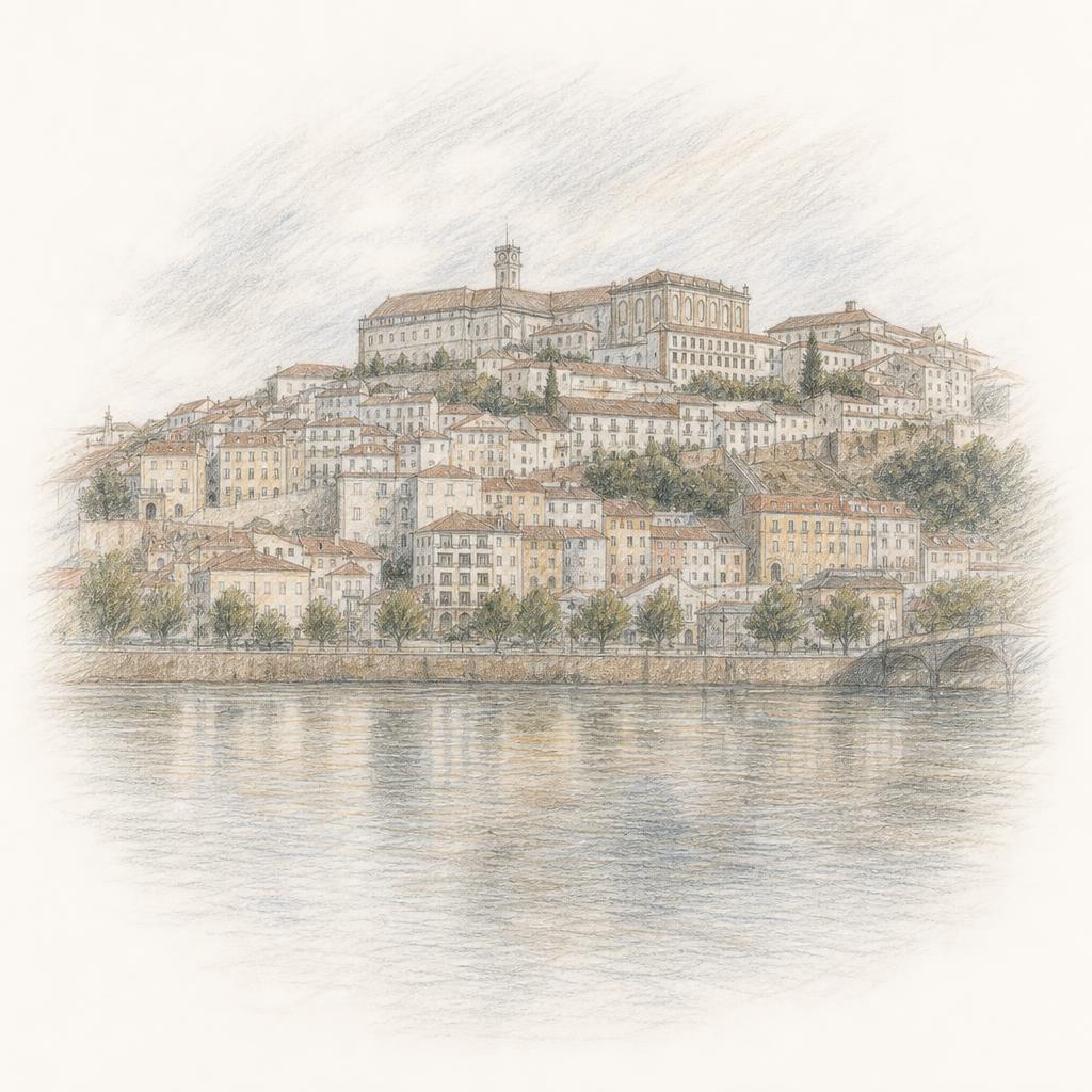 A encosta de Coimbra vista da margem de Santa Clara: a universidade no cimo, os telhados da Baixa a descer até ao Mondego.