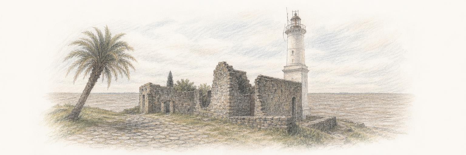 El faro de Colonia del Sacramento junto a las ruinas de piedra del Convento de San Francisco, con las calles empedradas delante y el Río de la Plata al fondo.