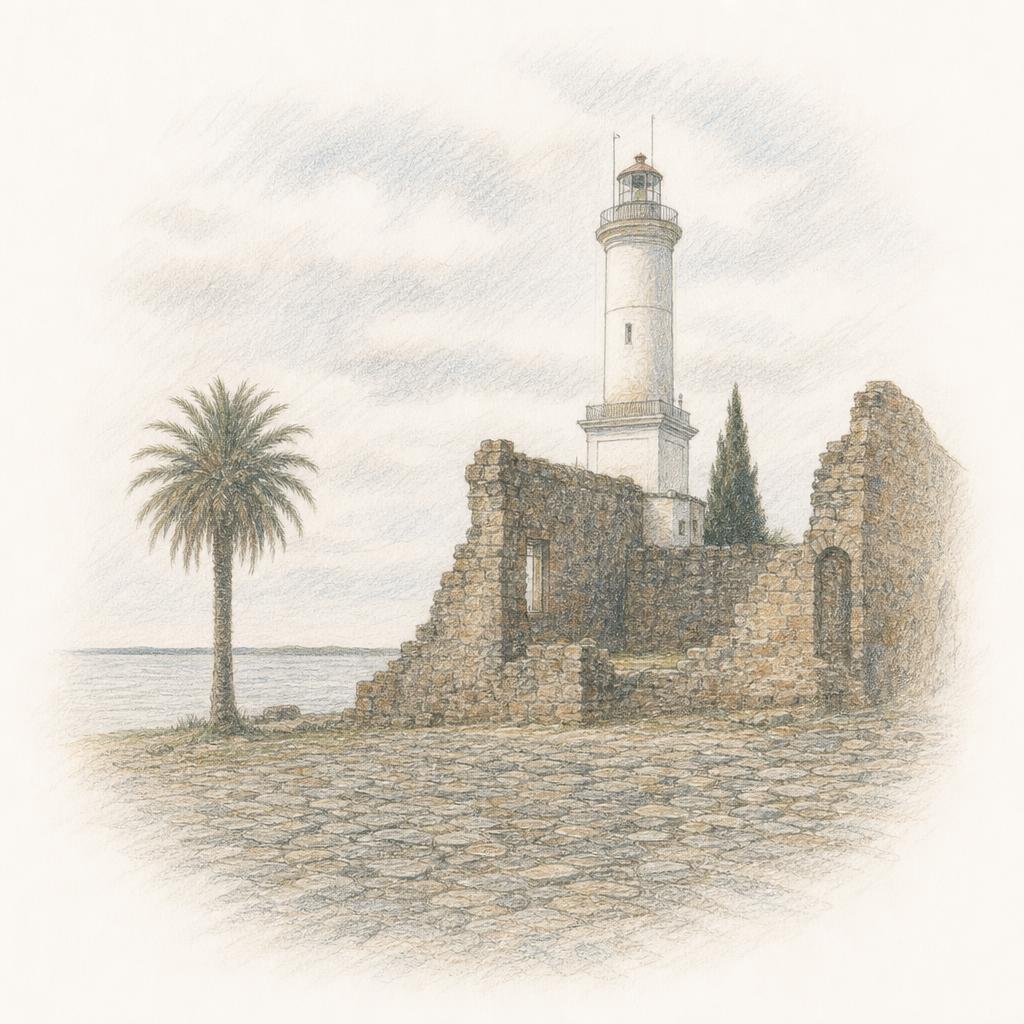 El faro de Colonia del Sacramento sobre las ruinas de piedra del Convento de San Francisco, con el Río de la Plata detrás.