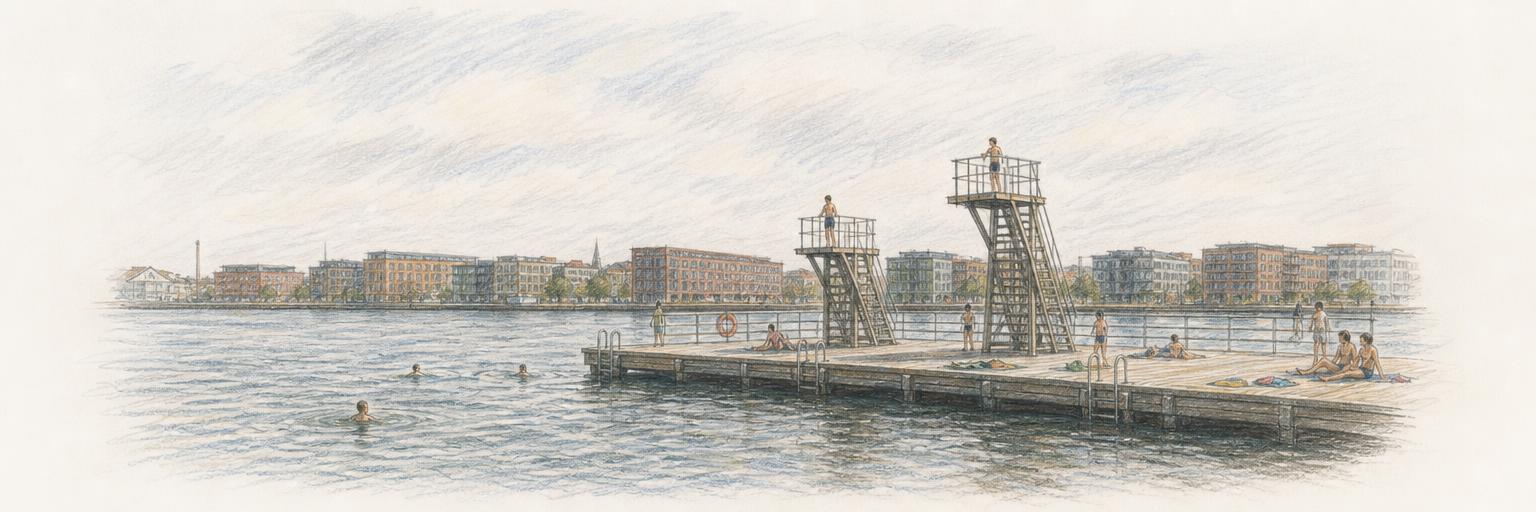 En tegning af havnebadet ved Islands Brygge med vippetårne, badende på træpontonen og byens havnefront i baggrunden.