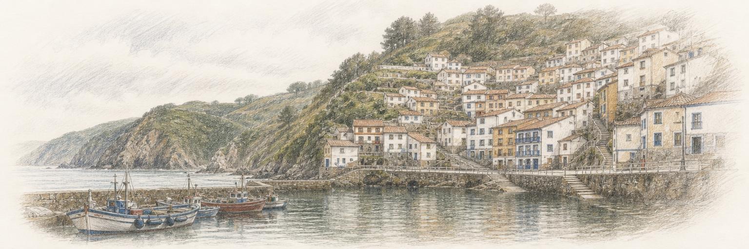 El anfiteatro de Cudillero visto desde el puerto, con las barcas de pesca amarradas en la Ribera y las casas escalonadas subiendo por la ladera.