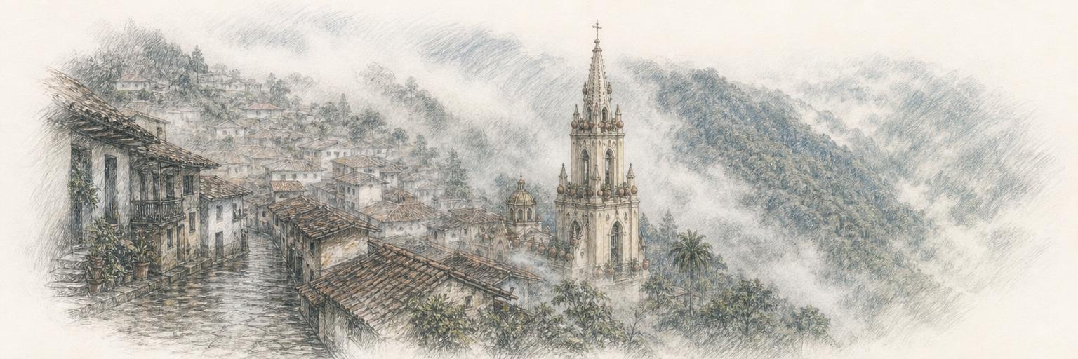 El pueblo de Cuetzalan entre la niebla, con la torre neogótica del Santuario de Guadalupe elevándose sobre las calles empedradas y las laderas cafetaleras.