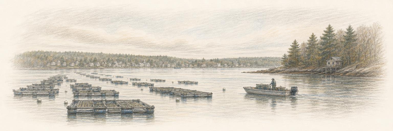 Floating oyster cages and a working skiff on the tidal Damariscotta River, where most of Maine's oysters are farmed.