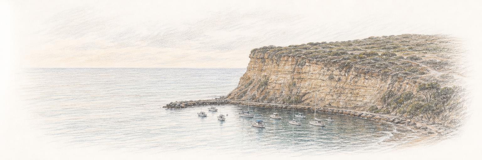 The sandstone headland bluff of Dana Point above its small-boat harbor.