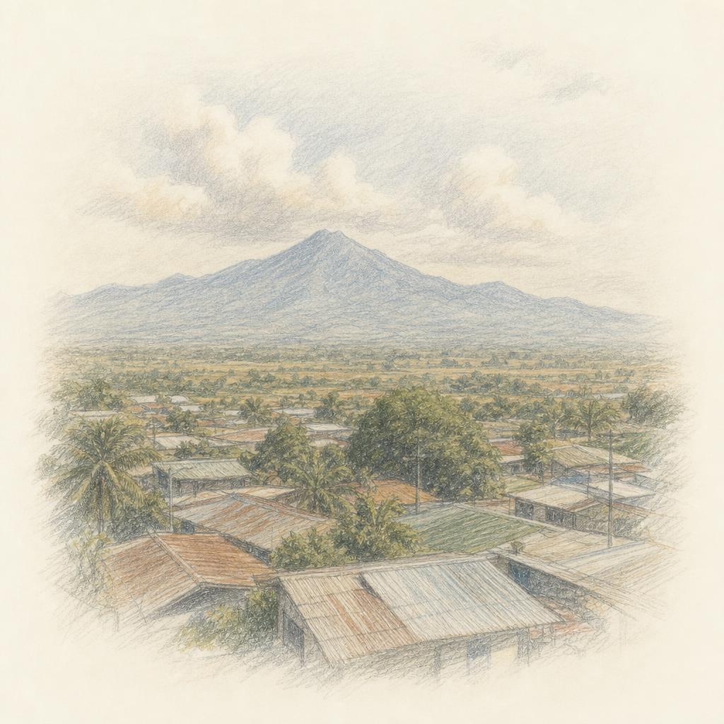 El Volcán Barú recortado al norte sobre la llanura, visto desde los techos bajos de David.