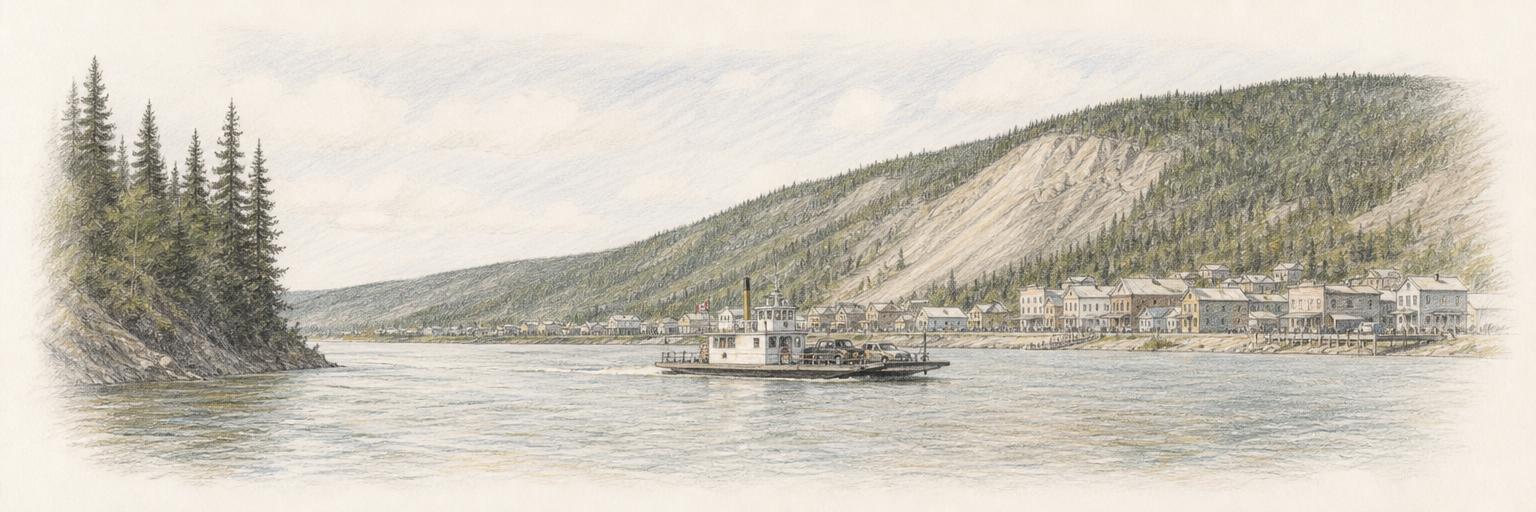 The George Black ferry crossing the Yukon River at Dawson City, with the spruce bank of West Dawson on one side and the town's frame buildings beneath the scarred hillside on the other.