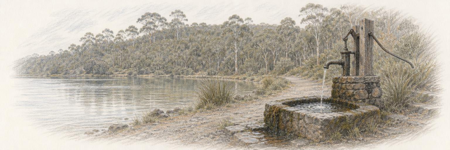 A hand pump beside Lake Daylesford draws mineral spring water into a stone basin, with the Wombat Forest rising behind.