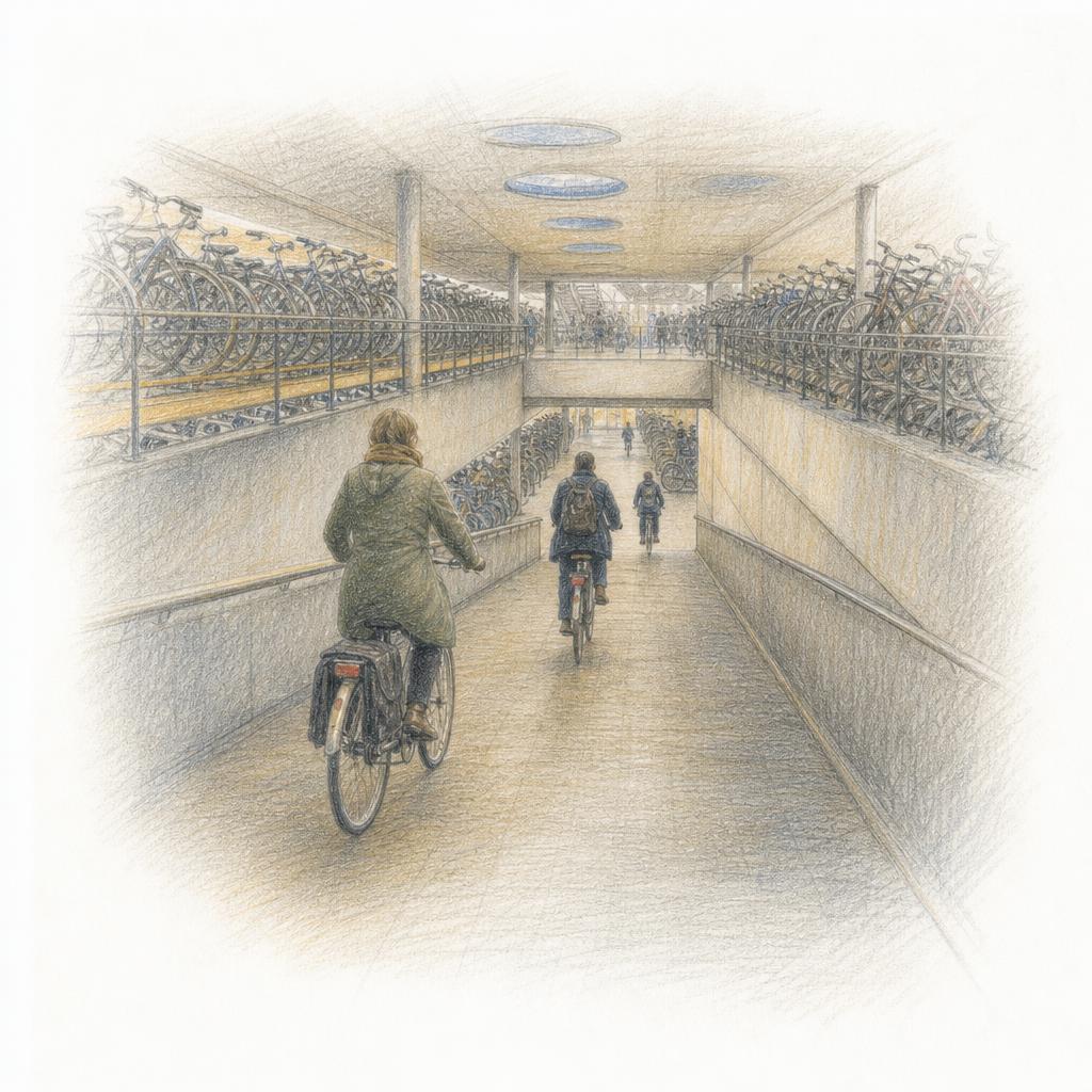A colored-pencil sketch of Delft station's underground bicycle parking, rows of bikes on a ramp.
